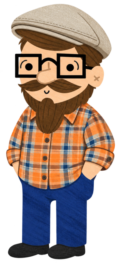 A cartoon of Tim: glasses, big beard, grey hoodie.